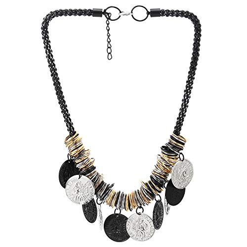 COOLSTEELANDBEYOND Argent Noir Or Bavoir Choker Statement Collier Pendentif avec Pendantes Pièce de Monnaie Cercle - Fête Robe de Soirée