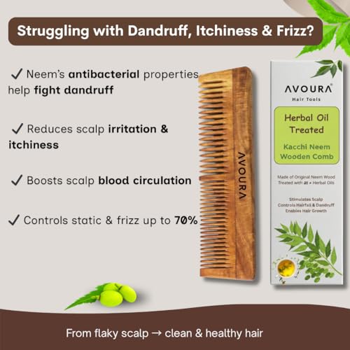 Image of Kacchi Neem Wooden Comb Set (2 Pcs), Infused with 21+ Herbs Amla, Bhringraj Oils - Up to 70% Dandruff Control | Anti-Static, Plastic-Free (Handle Comb + Dual Tooth) Ayurvedic Hairs Accessory