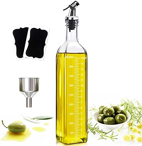 Showvigor Olive Oil Dispenser , Vinegar and Olive Oil Bottle Dispenser 500 ml/17 oz, Oil Bottles for Kitchen with 1 Pourers,2 Labels and 1 Funnel, Home Square Tall Glass Oil Container As Gift