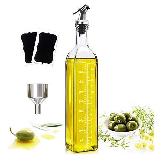 Botella Aceite, 500 ml Dispensador de Aceite con Embudo, Tapa Antiincrustante, Aceitera de Vidrio con Escala Transparente, para Cocina y Barbacoa