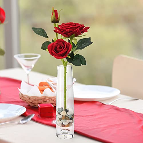 Artificial Flowers With Hand Blown Glass Vase,Red Rose,Silk Flowers Bouquet,Fake Flowers Are Suitable For Home,Office Decor,Coffee Table Decor,Farmhouse Table Decor,Table Decorations For Living Room #TOP2