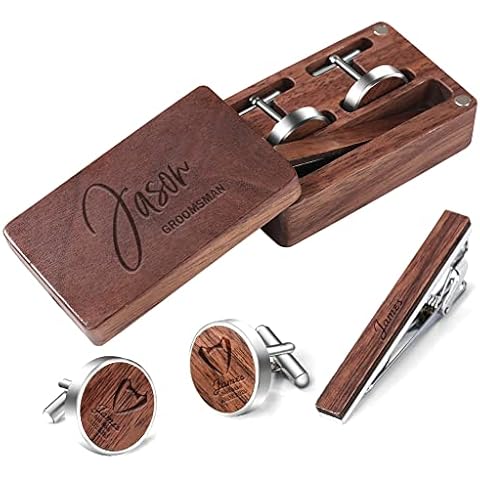 Personalised Tie Clip and Cufflinks Set for Mens Wedding Wooden Cuff links and Tie Bar Set for Groomsman, Dad, Husband with Engraved Name Cover