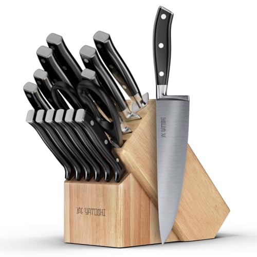 Comparison: Best Rockwell Hardness For Kitchen Knives 10 Yatoshi 15 Piece Black Knife Block Set - Pro Kitchen Knife Set Ultra Sharp High Carbon Stainless Steel with Ergonomic Handle