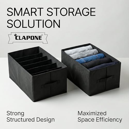 Image of Foldable Fabric Storage Bins with Handles - Collapsible Closet Organizer Boxes for Clothes, Jeans & T-Shirts - Stackable Shelf Drawer Organizers for Bedroom, Wardrobe & Home Storage (Black, Pack Of 4)