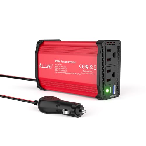 ALLWEI 300W Power Inverter DC 12V to 110V AC, Compact Car Plug Adapter Outlet with 65W PD USB-C &18W USB-A Fast Charging, Cigarette Lighter Adapter Car Charger for Phone, Laptop on Road Trip