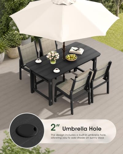 Image of HDPE Outdoor Patio Dining Set with Table & 4 Stackable Armless Textilene Chairs, All-Weather 5-Piece Patio Furniture Set with Umbrella Hole for Lawn & Garden, Poolside, Backyard | Black