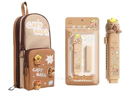 Image of Kawaii Cute Pencil Pouch with Push Pull Eraser Set for Kids,Premium Canvas Zipper Stationery Organizer Box with Cartoon Design | School Supplies Gift Combo for Boys & Girls (Capybara Brown + Eraser)