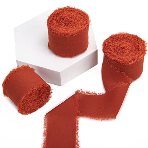 Vgoodall Jujube Red Chiffon Ribbon, 3 Rolls Handmade Fringe Chiffon Ribbons 30Yd Frayed Edge Silk Ribbons For Christmas New Year Diy Crafts Gift Wrapping Decoration #TOP7