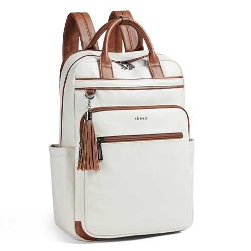 Shrrie Laptop Backpack for Women 15.6 inch Travel Leather Backpack Purse Work Computer Backpacks for Business College Beige