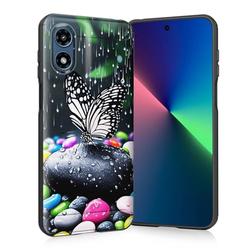 wiaekosef for Moto G Play 4G 2024 Case,Slim Thin Silicone Soft Flexible TPU Brushed Black Anti-Scratch Shockproof Protective Cover for Motorola Moto G Play 4G 2024,Pebbles and Butterfly