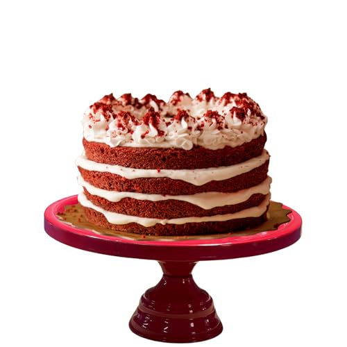 Image of Red Metal Cake Stand Pedestal | Round Non-Revolving Dessert Display | 9 inch Diameter Top | Birthday, Wedding & Party Cake Holder