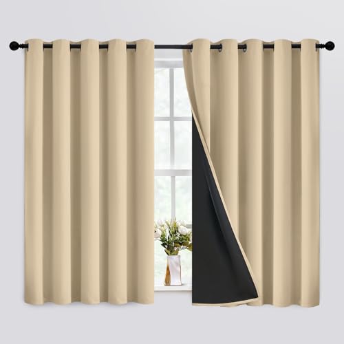 Image of SimpleHome Beige 100% Blackout Curtains Room Darkening Living Room 63 Inch