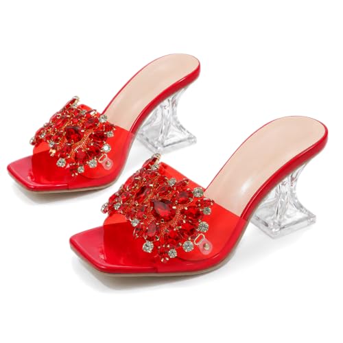 BOEGBNW Women'S Clear Flower Square Open Toe Flared Heel Slide Sandals Fashion Transparent Wine Glasses Heel Dress Mules Sandals For Summer Party, Wedding Prom (5,Red)