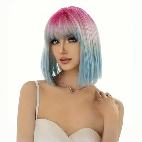 BATISI Ombre Pink to Blue Bob Wigs for Women 12 Inch...