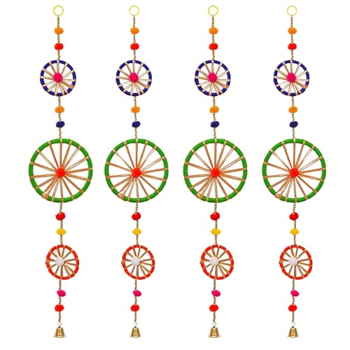 Image of eCraftIndia Multicolor Rings with Pom-Pom Tassels Bell Hangings (Pack of 4) Wall /Door Hangings, Toran for Home Decor - Ganesh Chaturthi, Navratri, and Diwali Decoration Items.