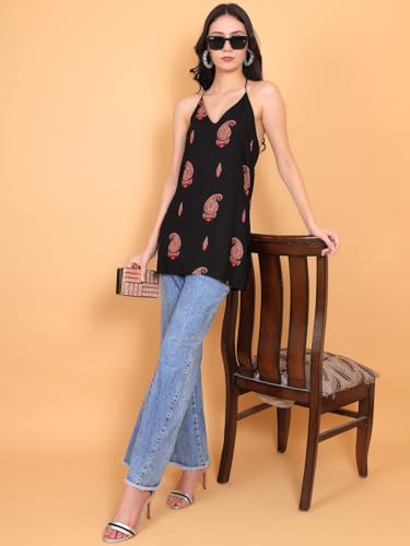 Image of FIMS - Fashion is my style Rayon Short Kurti for Women, Ethnic Printed, Black Sleeveless Kurtis, Summer Wear, Ideal Gift for Girls
