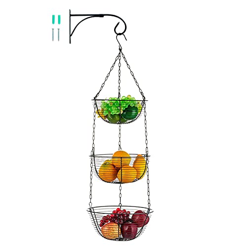 Hanobe Panier à Suspendre Corbeille a Fruit 3 Niveaux avec Support de Panier Mural, Bol Fil de Métal Robuste avec Chaîne Rangement de Légumes Oignon Rustique pour Cuisine Comptoir économiseur D'espace Cover
