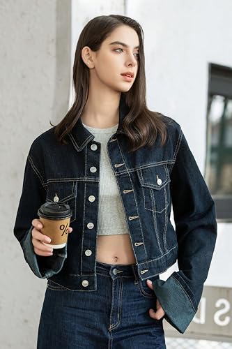 Women's Cropped Denim Jacket Button Up Long Sleeve Turn-Up Cuff Jean Jacket Women Coat3