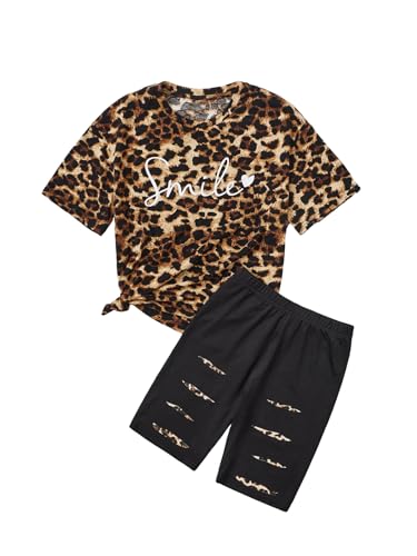 Image of WDIRARA Girl's 2 Piece Summer Outfits Sets Leopard Print Tee Round Neck Short Sleeve T Shirt and Biker Shorts Sets