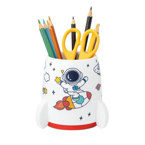 Image of AccuPrints Sumiko Cute Astronaut Pen Pencil Holder, Pen Stand for Office Desk Organizer, Creative Pen Cup Organizer for Kids, Desk, School Classroom, Office (White)