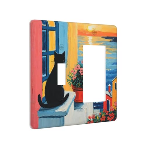 Decorative Outlet Covers Vintage Oil Painting Style Black Cat Sea Flowers 2 Gang 1 Gang Wall Plate Cover Single Toggle Rocker Combo Light Switch Cover Plate Face Plate for Home Decor