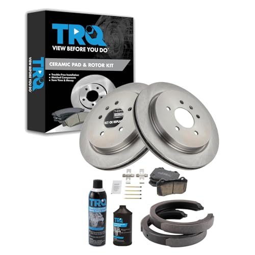 Image of TRQ Rear Brake Pad & Rotor Kit, with Chemical Kit Parking Brake Shoe Set Ceramic Compatible with 2005-2008 Cadillac STS