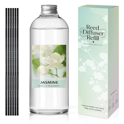 Image of STRN Reed Diffuser Refill, Jasmine Scent Diffuser 500ml | 16.9 oz with 6 Reed Sticks, Room Fresheners for Home, Long-Lasting Summer Fragrance for Living Room, Bedroom, Office, Home Decor