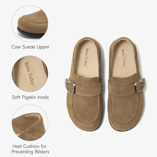 Image of BEAU TODAY Suede Leather Loafers Women, Women's Slip On Wide Width Loafers Flats Shoes, Footbed Comfortable Casual Dress Potato Shoes with Arch Support and Adjustable Buckle