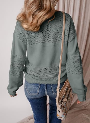 Image of SHEWIN Women's Sweaters Casual Long Sleeve V Neck Crewneck Lightweight Crochet Pullover Sweater Tops