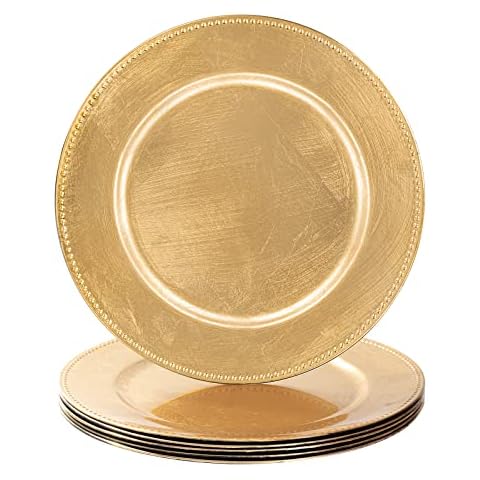MAONAME Round Gold Beaded Charger Plates, Plastic Chargers for Dinner Plate, 13-inch Foil Plate Charger for Wedding, Table Place Settings, Set of 6 Cover