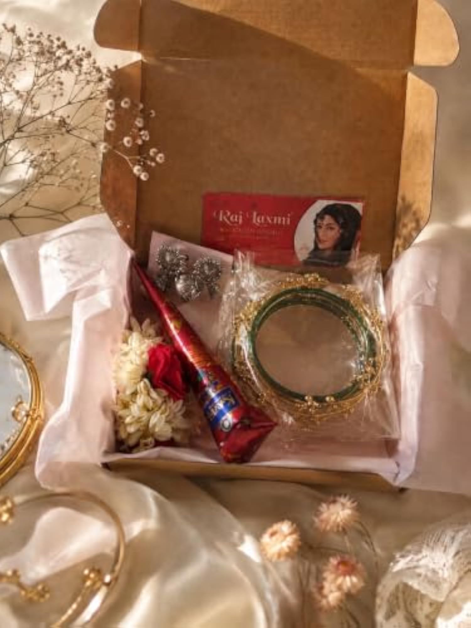 Teej Sawan Hamper with Mehndi, Green Bangles, Gajra & Jhumke