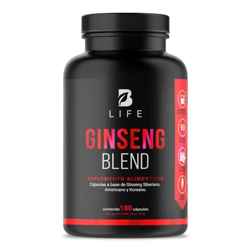Vitamínicos, Ginseng: Siberiano, Americano y Koreano de 180 Cápsulas de 1000 mg por porción. Ingredientes naturales. Ginseng Blend B Life.