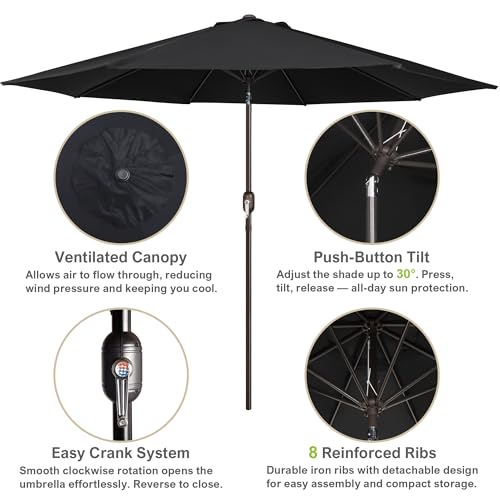 Image of Blissun 10FT Patio Umbrella, Outdoor Table Umbrella, Yard Umbrella, Market Umbrella with 8 Sturdy Ribs, Push Button Tilt and Crank, Black