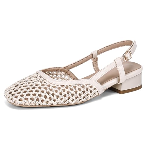 Cozivwaiy Women Mesh Slingback Flat Low Heel Square Toe Adjustable Buckle Comfortable Dress Shoes