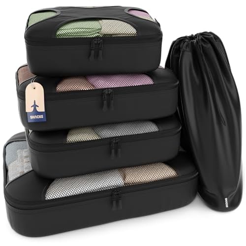 Shacke Premium 5 Packing Cubes Set – Lightweight Mesh Travel Luggage Organizers with Laundry Bag, 5-Piece Suitcase Storage System (Black)