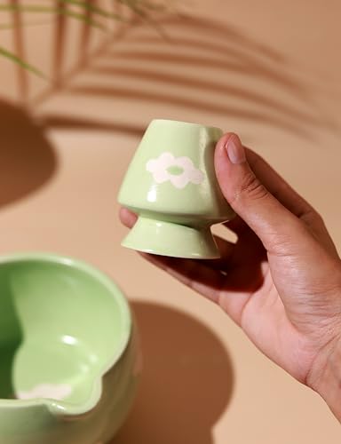 Image of Craftribal Handmade Ceramic Blossom Matcha Bowl with Whisk Holder - Pottery Chawan for Japanese Tea Ritual, Matcha Lovers & Gifting|Bowl - 5.5 inches|Holder-2.5 inches|Design-Green Floral
