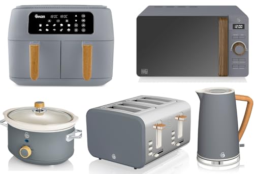Swan Nordic Grey 1.7L Jug Kettle, 4 Slice Toaster, 8L Dual Basket 13-in-1 Air Fryer, 800W Microwave & 3.5L Slow Cooker. Scandinavian Inspired Minimalist Design Kitchen Set in Grey with Wood Accents
