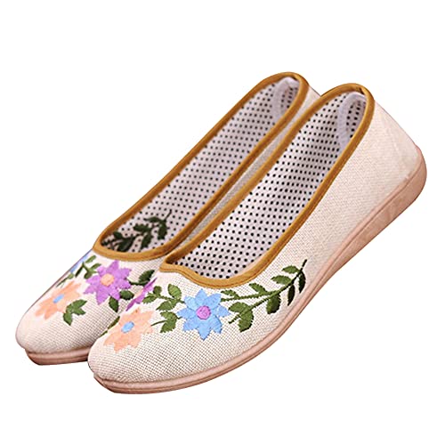 Hee grand Women's Chinese Style Embroidered Flats Comfortable Slip on Ballet Flats Shoesï¼ŒWhite 4.5