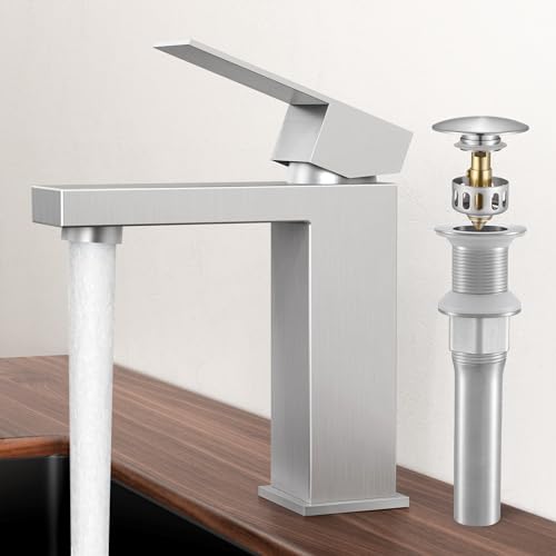 KES All Metal Brushed Nickel Bathroom Sink Faucet with Sink Drain NO Overflow, 1 Hole Single Handle Bathroom Vanity Faucet, Stainless Steel, cUPC NSF Certified, L3156ALFF12-BS-C2