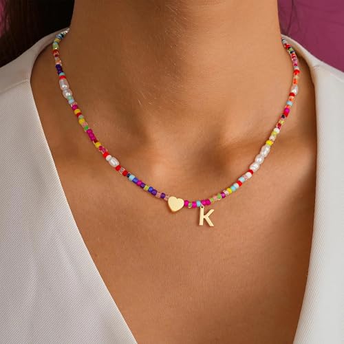 Initial Necklaces for Girls Gifts - Colorful Beaded Pearl Heart Initial Necklaces for Women Kids Teen Girl Gifts Trendy Stuff Cute Boho Choker Necklace for Girls Jewelry Birthday Gift3