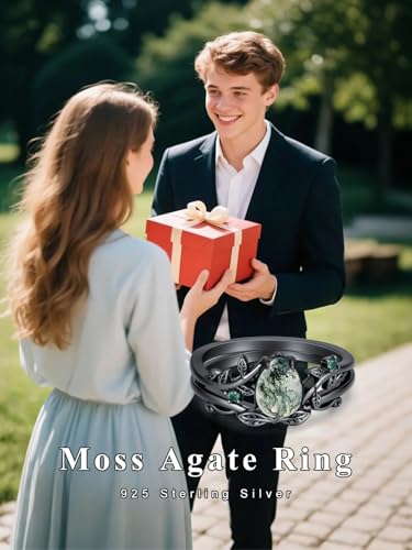 Seiyang Natural Moss Agate Ring 925 Sterling Silver Moss Agate Engagement Ring Set Promise Wedding Jewelry Gift for Women Mom Her3