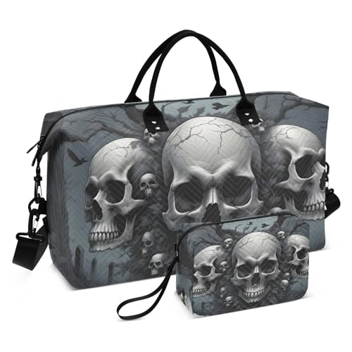 Large Travel Duffel Bag, Three Skull Sports Tote Gym Bag, Shoulder Weekender Overnight Bag for Women Men, Carry On Luggage with Toiletry Bags