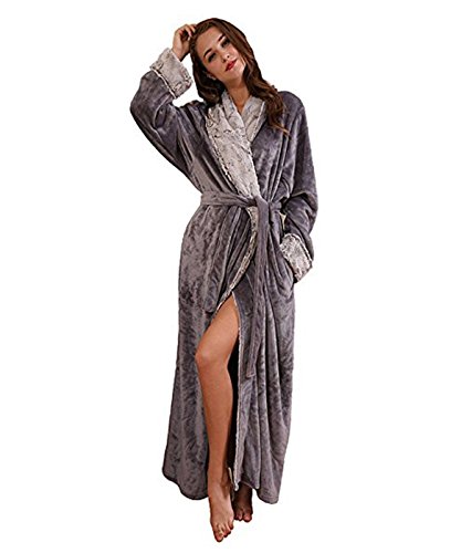 Borje Long Fleece Robe for Women and Men, Imitation Fur Collar Bathrobes Warm Couple Sleepwear