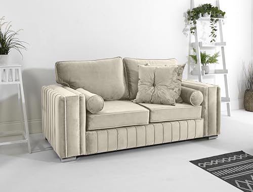 Sofahub Layla Cream Plush Velvet Sofa Set – Fullback with Button Detailing & Foam Cushions – 2 Seater, 3 Seater, Sofabed, 3+2, Corner, Armchair & Coffee Table (Cream, 3 Seater)