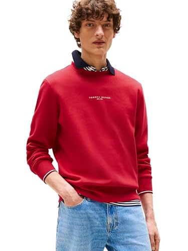 Tommy Hilfiger Men'S Small Logo Crewneck Sweatshirt, Medium Red Large