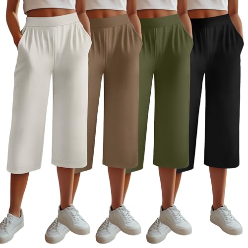 Neer 4 Pack Women's Capri Pants, Cotton Wide Leg Capris