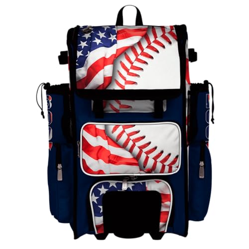 Boombah Superpack Hybrid Rolling Bat Bag - Wheeled & Backpack Version - USA Baseball Game Time Navy/Red/White