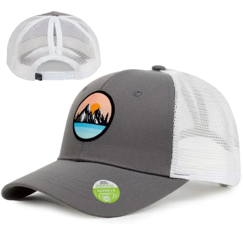 Ecofera Women's Eco-Friendly Ponytail Hat Messy Bun Baseball Trucker Cap (Grey/White Patch)