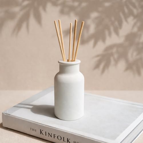 Image of Concrete Reed Diffuser Pot with 5 Reed Sticks - Empty Cylindrical Aroma Diffuser Bottle for Essential Oils | Minimal Home Fragrance Decor for Living Room, Bathroom & Desk (9.5 CM)