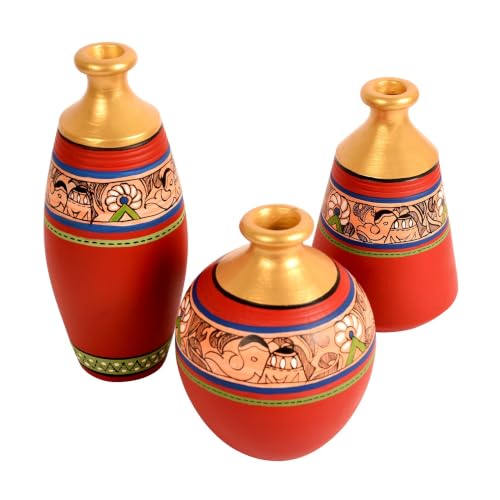 Image of Aakriti Art Creations Vase Earthen Red Madhubani Set of 3 | Hand-Painted Terracotta Flower Vases | Matte Finish Decorative Vases for Living Room, Table Decor & Gifting